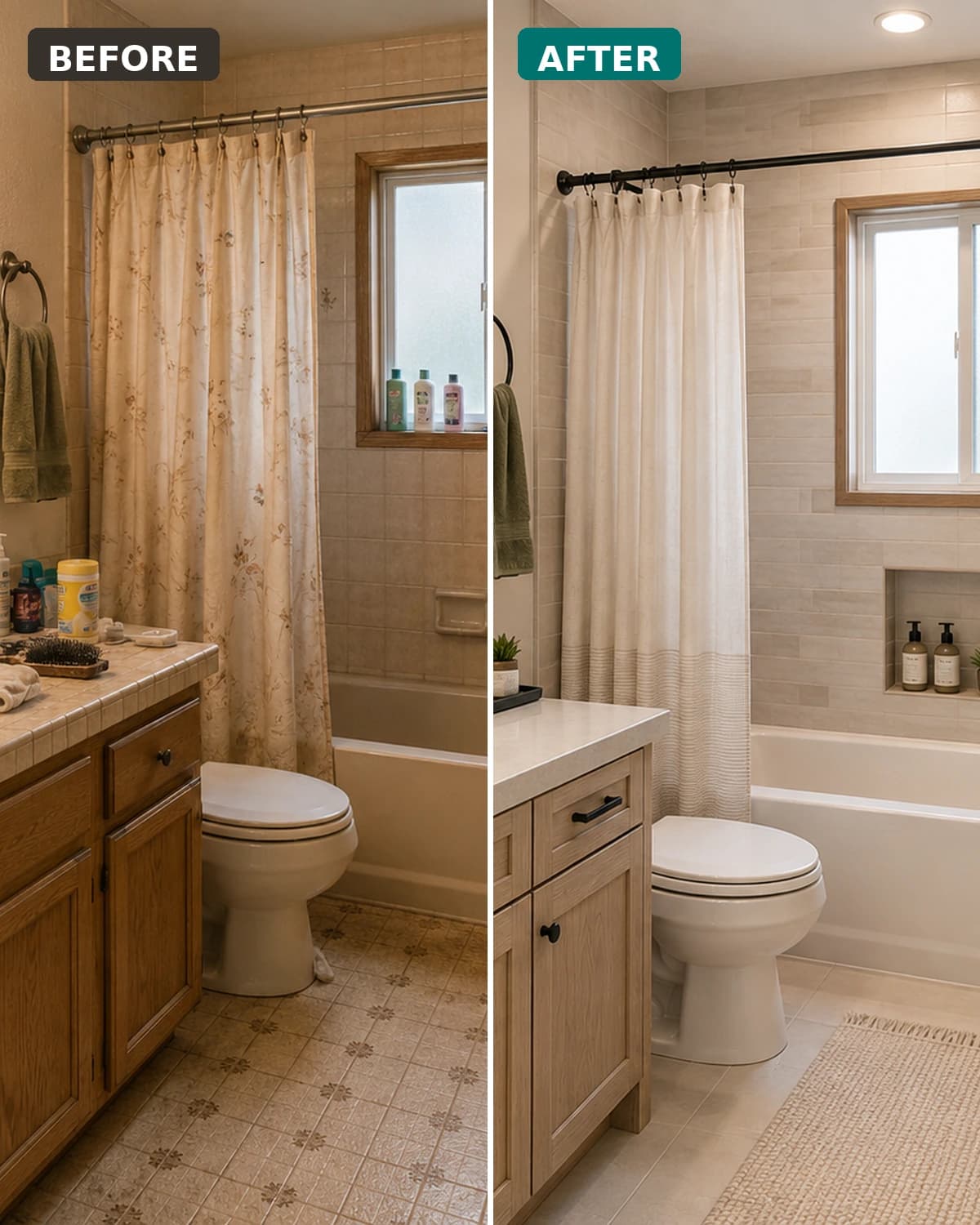 Before and after comparison of a bathroom remodel
